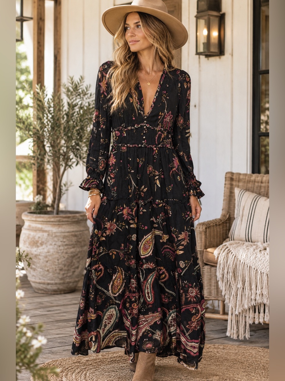 Anthropologie Black Paisley Boho Maxi Dress Floral Tiered